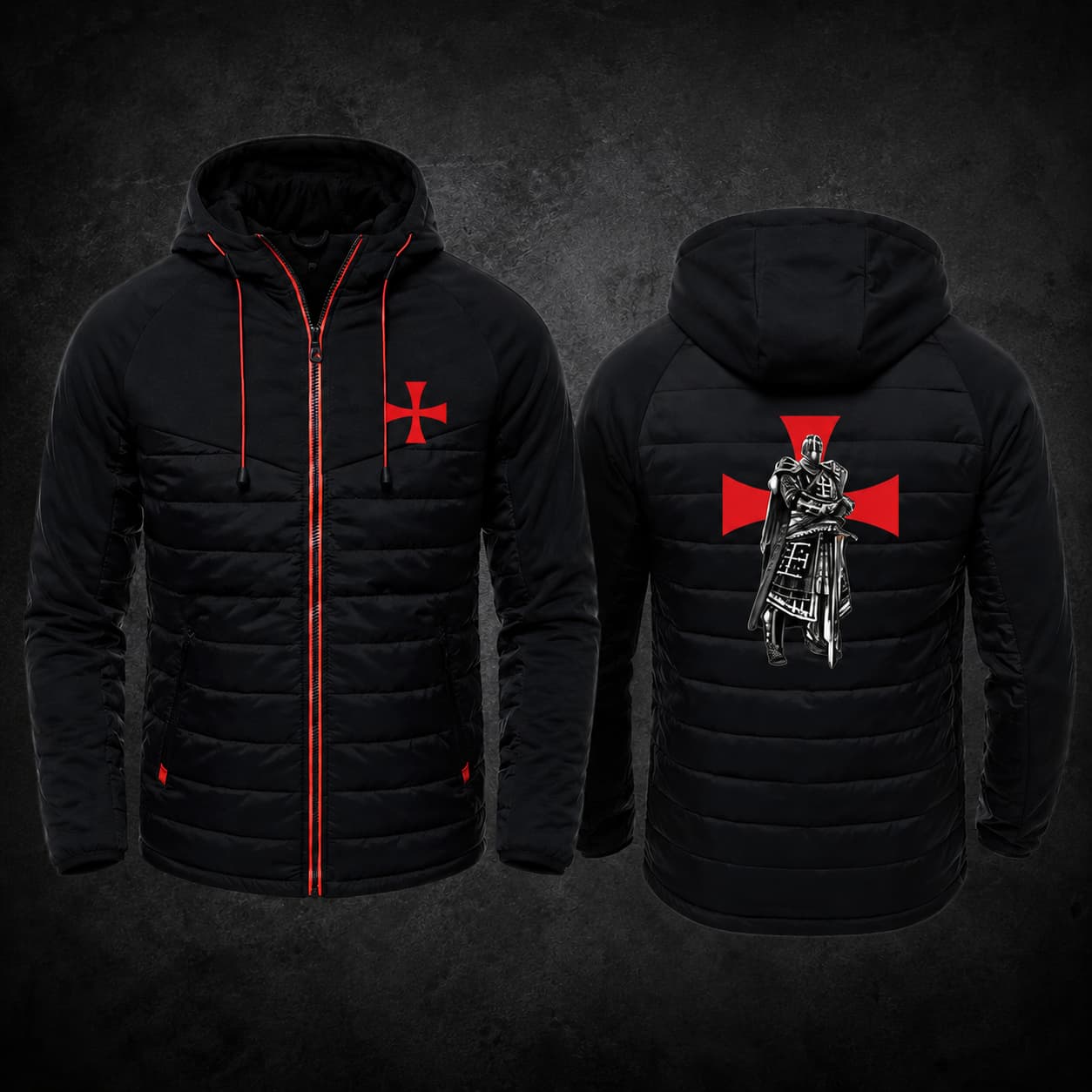Variante noire de la Veste Zippée Croix du Temple avec croix rouge sur la poitrine et chevalier au dos.